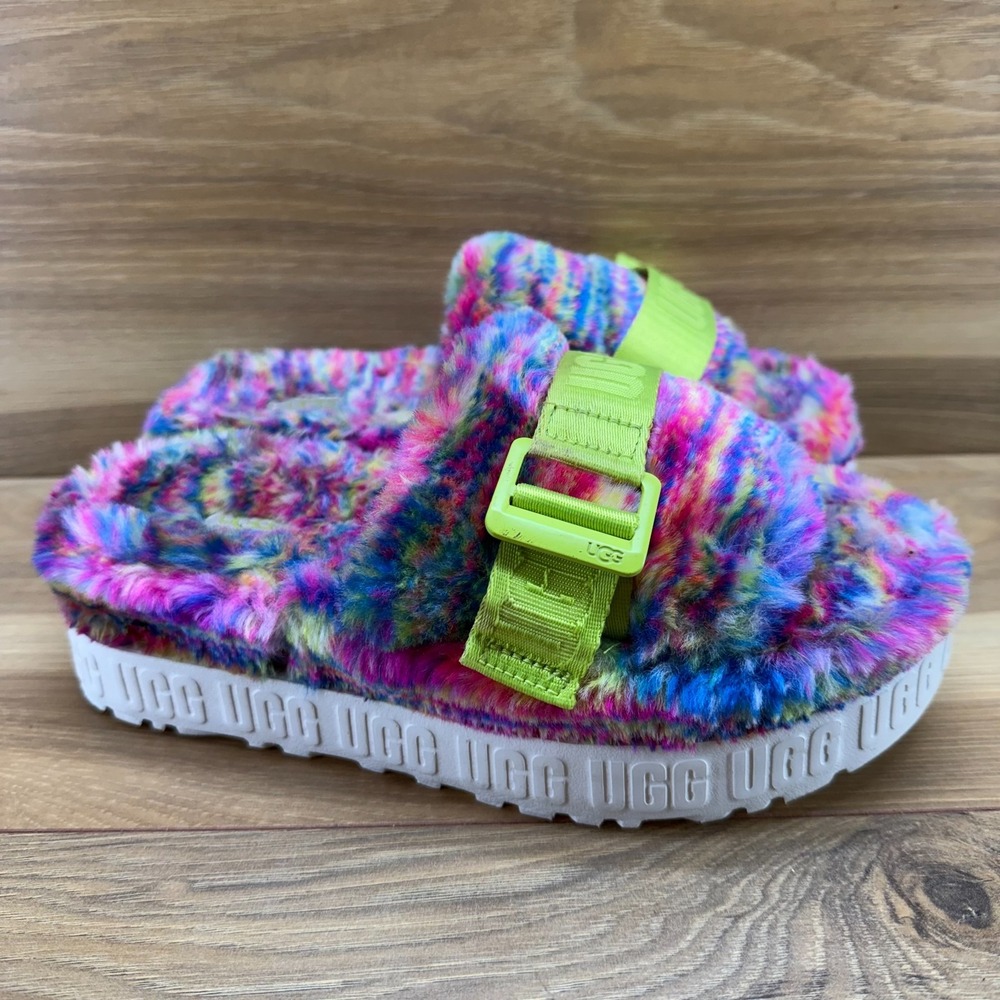 UGG Fluffita Platform Slippers 6 Multicolored Faux Fur Neon Green Chunky Y2K